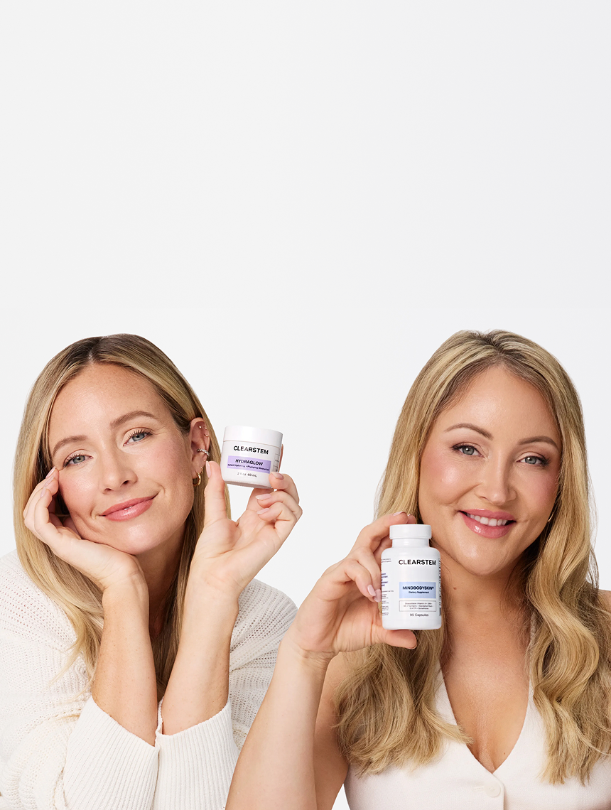 CLEARSTEM founders Kayleigh and Danielle holding HYDRAGLOW and MINDBODYSKIN