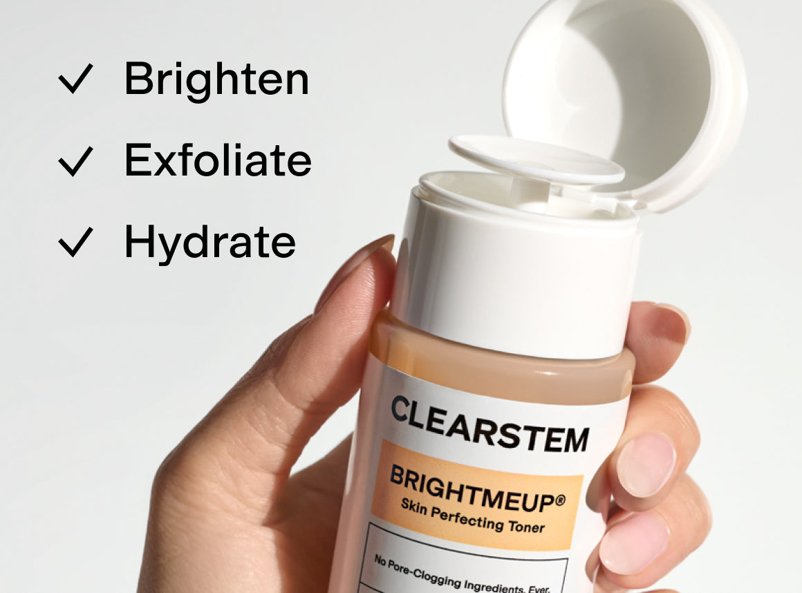BRIGHTMEUP® bottle in hand with 3 benefits