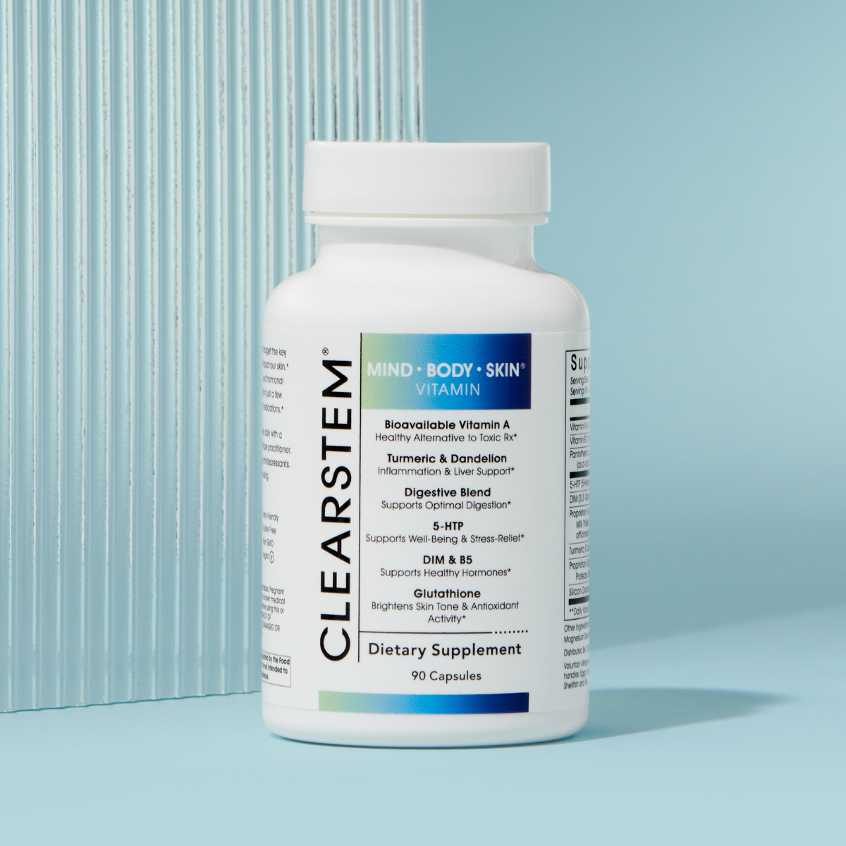 clearstem mindbodyskin hormonal acne supplement bottle with blue background